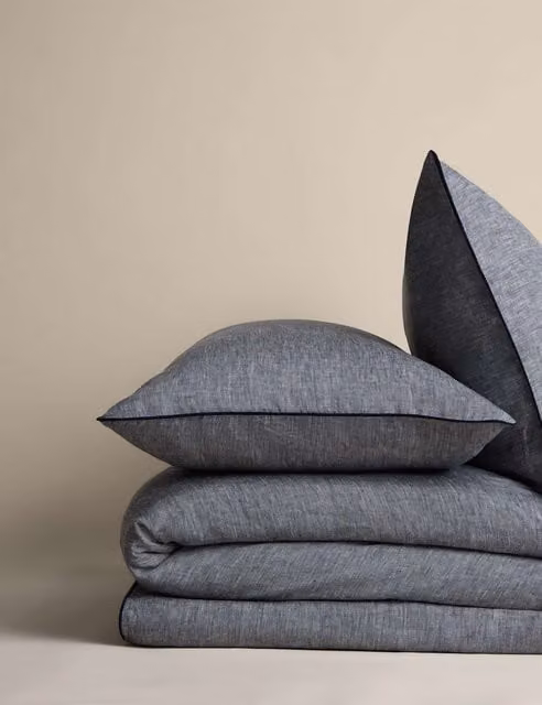 M&S Pure Linen Chambray Bedding Set, Blue, W: 180 cm, H: 200 cm
