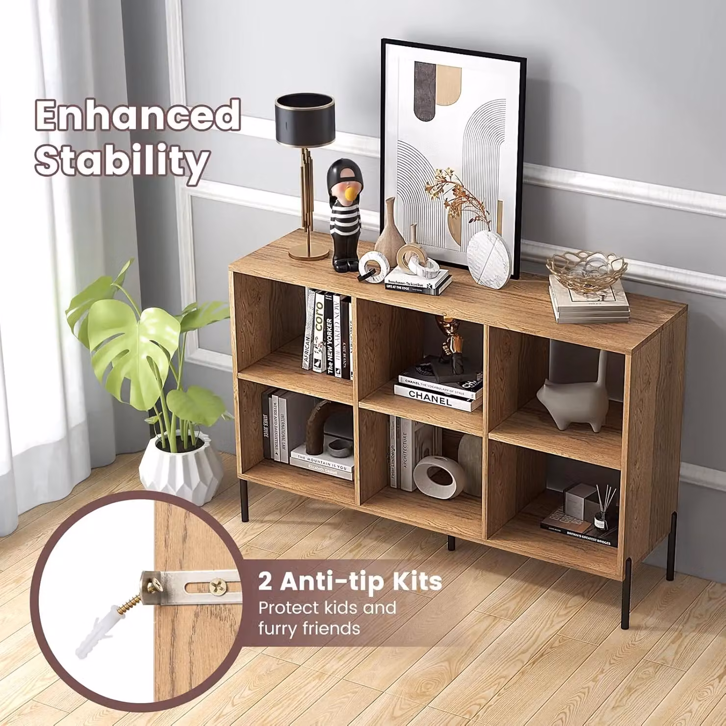 Gymax 3-Tier Wooden Open Bookshelf Display Cabinet with Adjustable Shelves and Metal Legs in Brown and Beige – 6