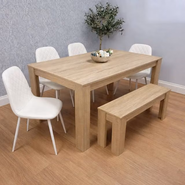 KOSY KOALA Dining Table Set with 4 White Chairs and Bench, Brown Oak Effect Rectangular Table