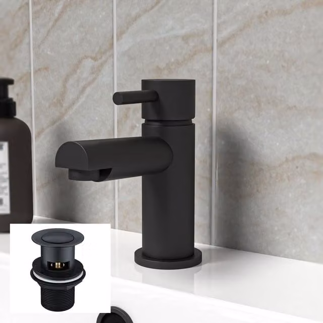 Nes Home Matt Black Brass Basin Mono Mixer Tap with Pop Up Waste