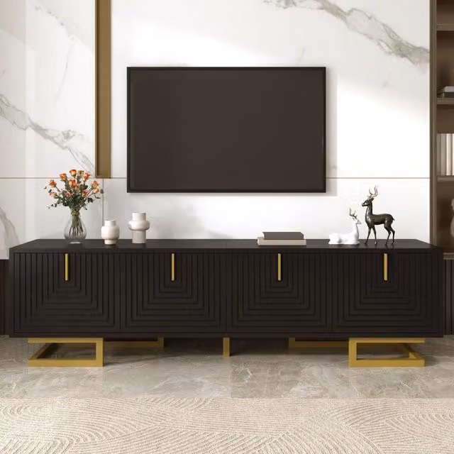 BTM Modern Black Wood TV Stand with Textured Doors and Gold Handles, W: 160.0 cm, D: 38.0 cm, H: 44.5 cm