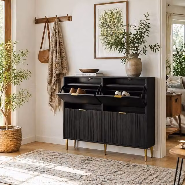 Wyld Haus Cofa Zimo Black Modern Shoe Cabinet with Gold Handles and Tilting Compartments H 105.0 cm x W 91.5 cm