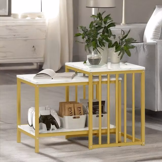 Rafaelo Mobilia Set of 2 Gold Nesting Tables with Faux Marble Top – 1
