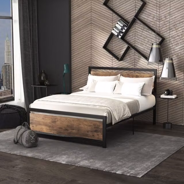 HOMCOM Industrial Metal Double Bed Frame with Headboard and Footboard in Black and Brown, 140 x 200 cm