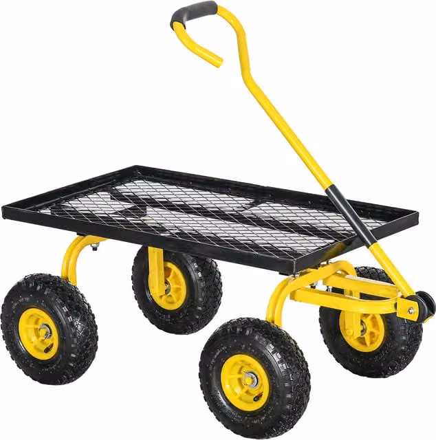 Outsunny Heavy Duty Garden Trolley Cart with Metal Frame and Pneumatic Wheels, Yellow – 1