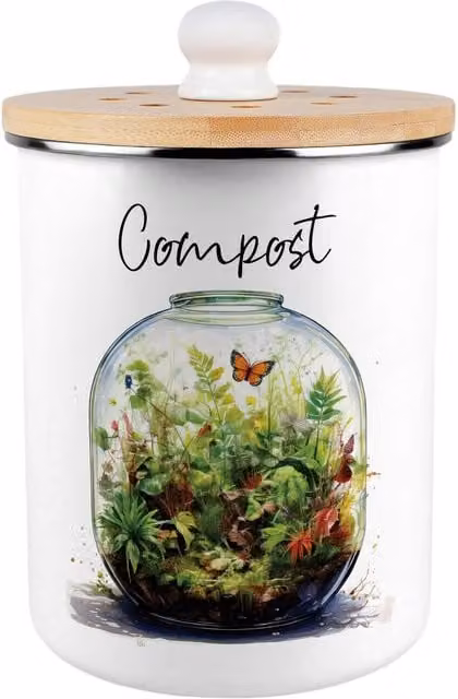 Purely Home Metal Plant Terrarium Compost Caddy with Flip Lid, 2L, Green and White