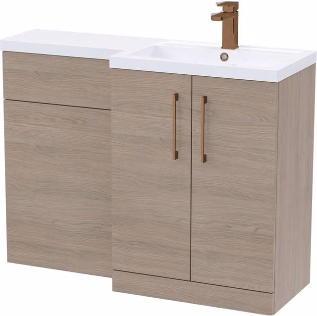 Balterley Modern Brown Wood Freestanding Right-Hand Vanity and WC Unit Combination with Brushed Bronze Details, W: 110 cm, H: 80 cm