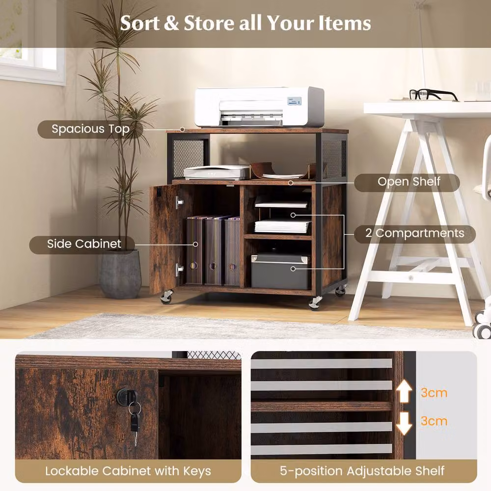 Gymax Industrial Metal and MDF File Cabinet on Wheels, Brown, H: 66.0 cm x W: 60.0 cm – 8