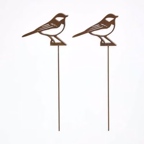 Homescapes Set of 2 Rustic Brown Metal Great Tit Garden Stakes, Height: 37 cm