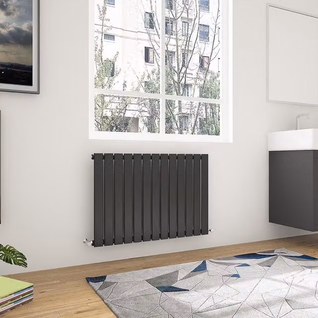 AicaBathroom Single Horizontal Flat Panel Steel Radiator in Black, Width: 88.4 cm