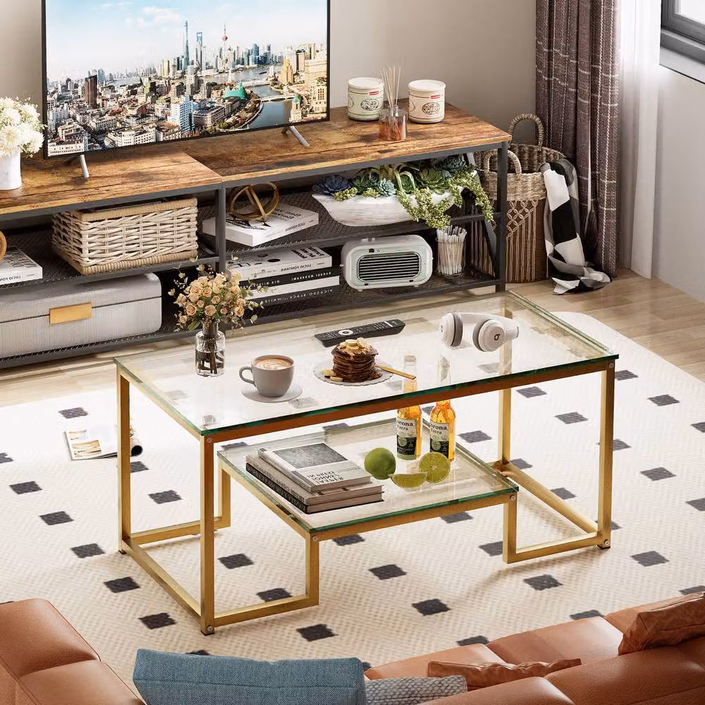 Huhote Rectangular 2-Tier Coffee Table with Gold Metal Frame and Glass Top, W/D/H: 100 x 48 x 45 cm – 4