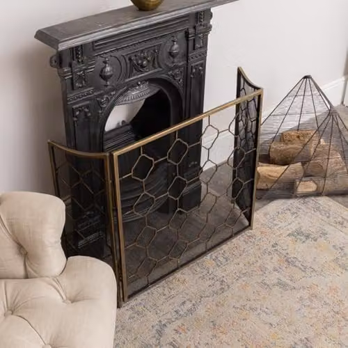 Melody Maison Antique Gold Geometric Metal Fire Screen, H 106 cm x W 62.5 cm – 4