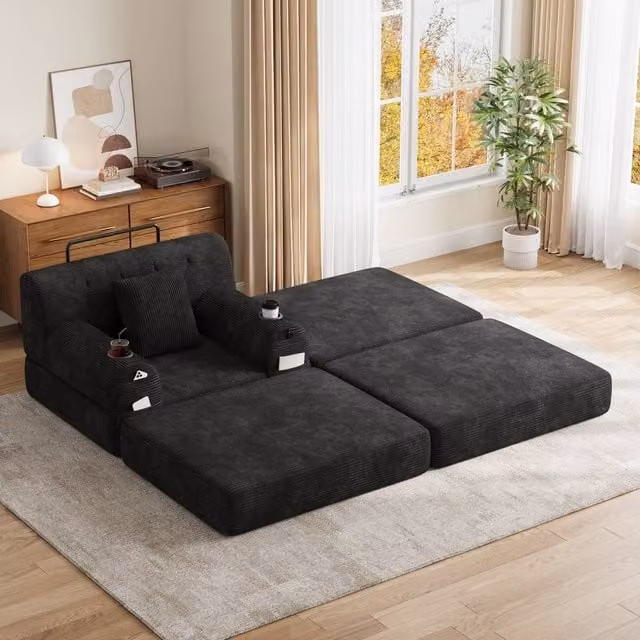 Matteo Black Corduroy Sleeper Chair with Ottoman and Storage Sofa Bed