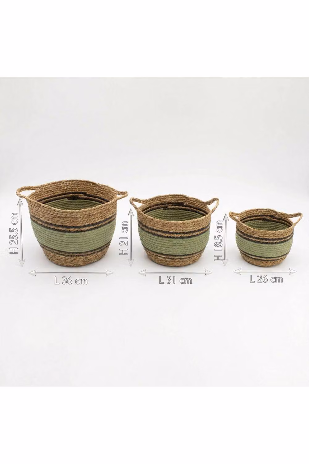 KDMD Set of 3 Large Open Weave Cotton and Seagrass Baskets with Handles in Black and Green – 3