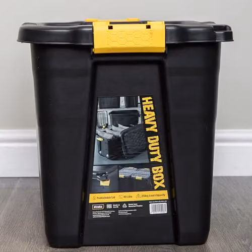 Samuel ALEXANDER 4 x 60L Heavy Duty Lockable and Stackable Plastic Storage Tubs with Clips in Black and Yellow – 4