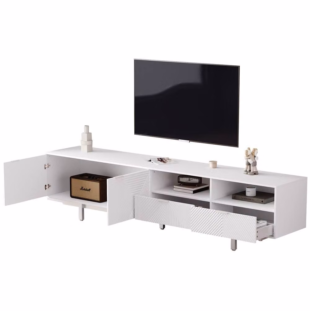 STILVORA Modern Geometric TV Stand with Doors and Shelves in Matt White – 3