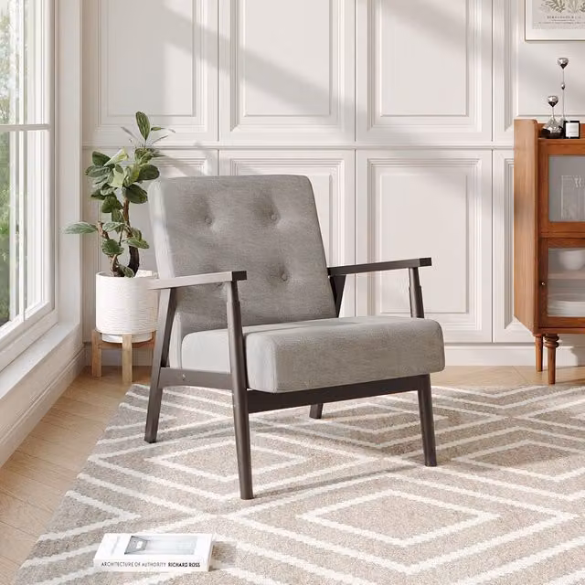 Komore Mid-Century Grey Velvet Armchair with Solid Rubberwood Frame