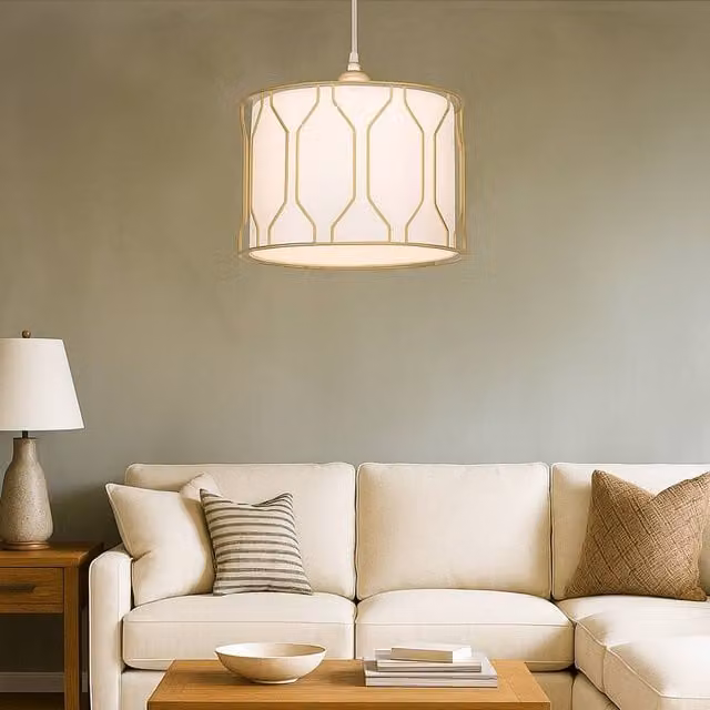 Lighting Collection Art Deco Drum Shade in White with Gold Cage Details – 1