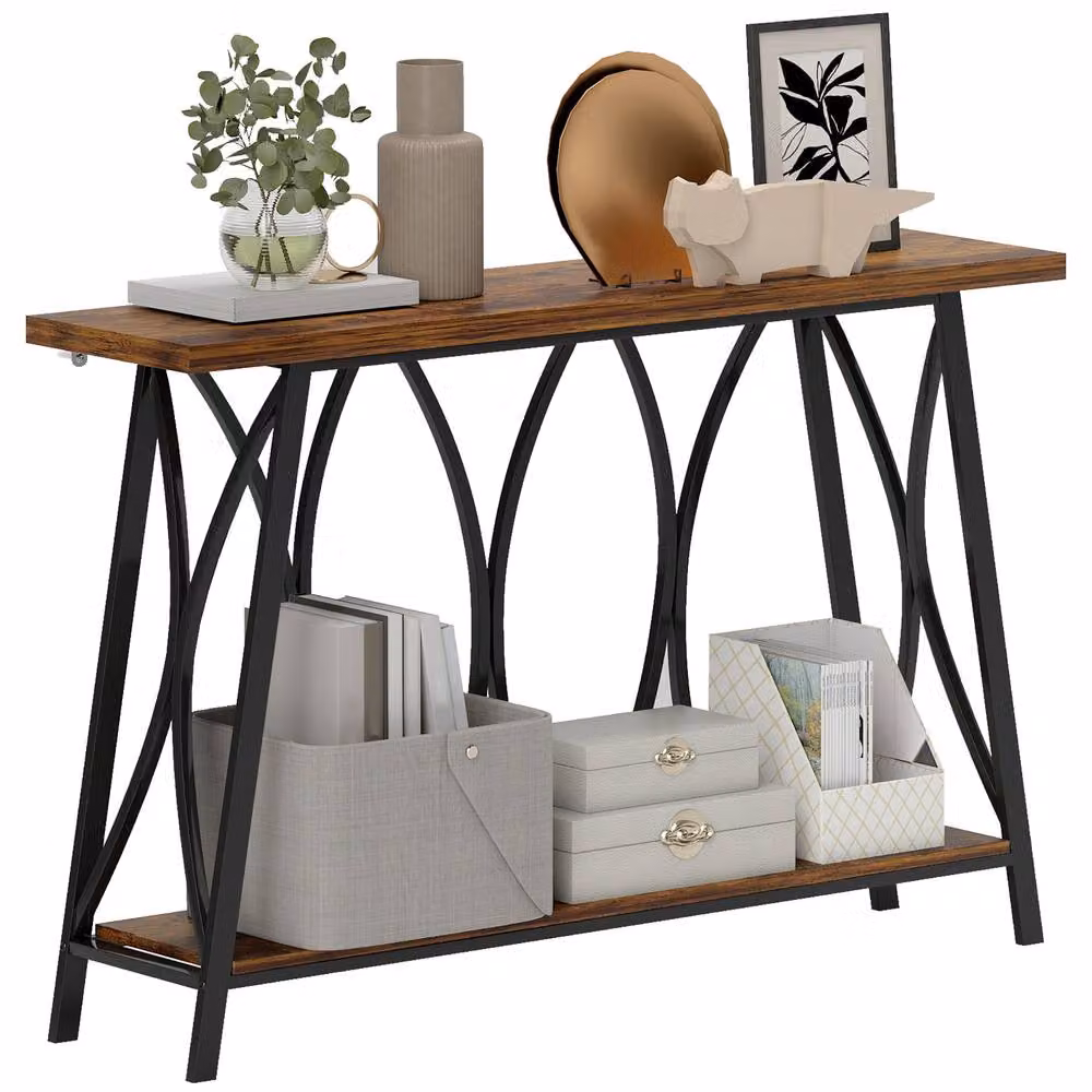 HOMCOM Industrial Narrow Console Table with 2 Tiers and Metal Frame, Brown, Width: 120 cm – 2
