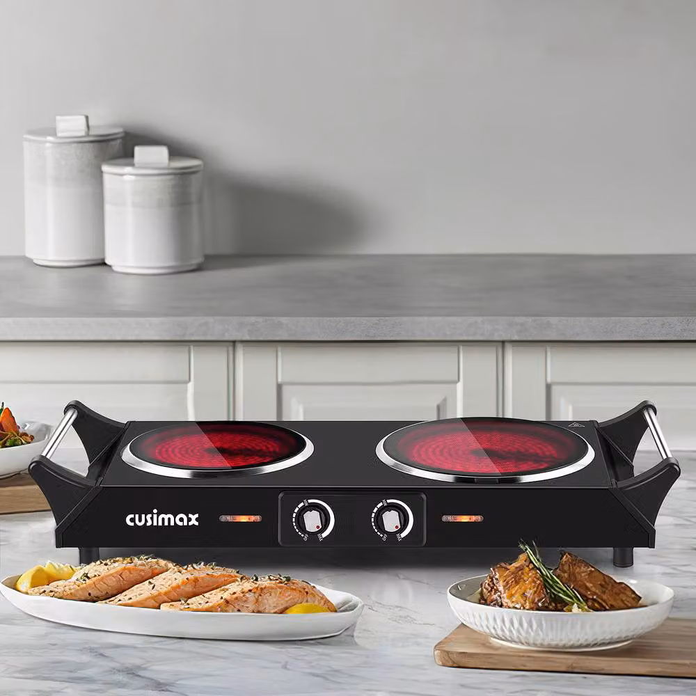 Cusimax Portable Ceramic Dual Hot Plate in Silver and Black, 2100W, W: 62.3 cm – 2