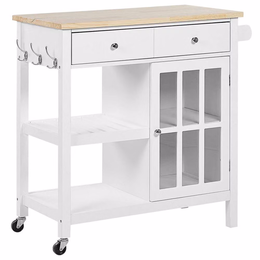 Wyld and Coco Nordic Scandinavian Kitchen Trolley in White Lacquered MDF with Pine Top – 2