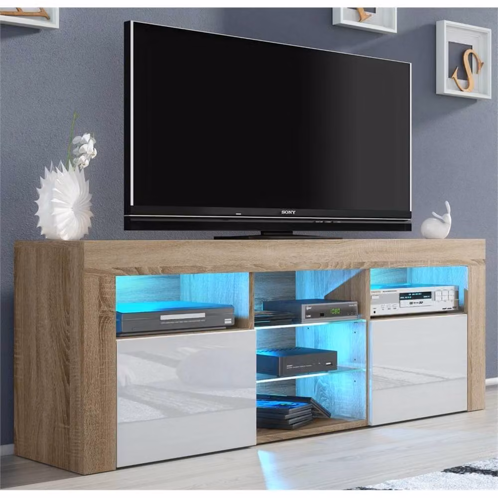 PAWNORA Modern TV Unit with Oak Matt Body and White Gloss Doors in Brown – 3