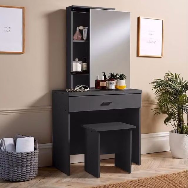Home Source Berlin Dressing Table with Sliding Mirror and Stool Set in Black and Oak Effect