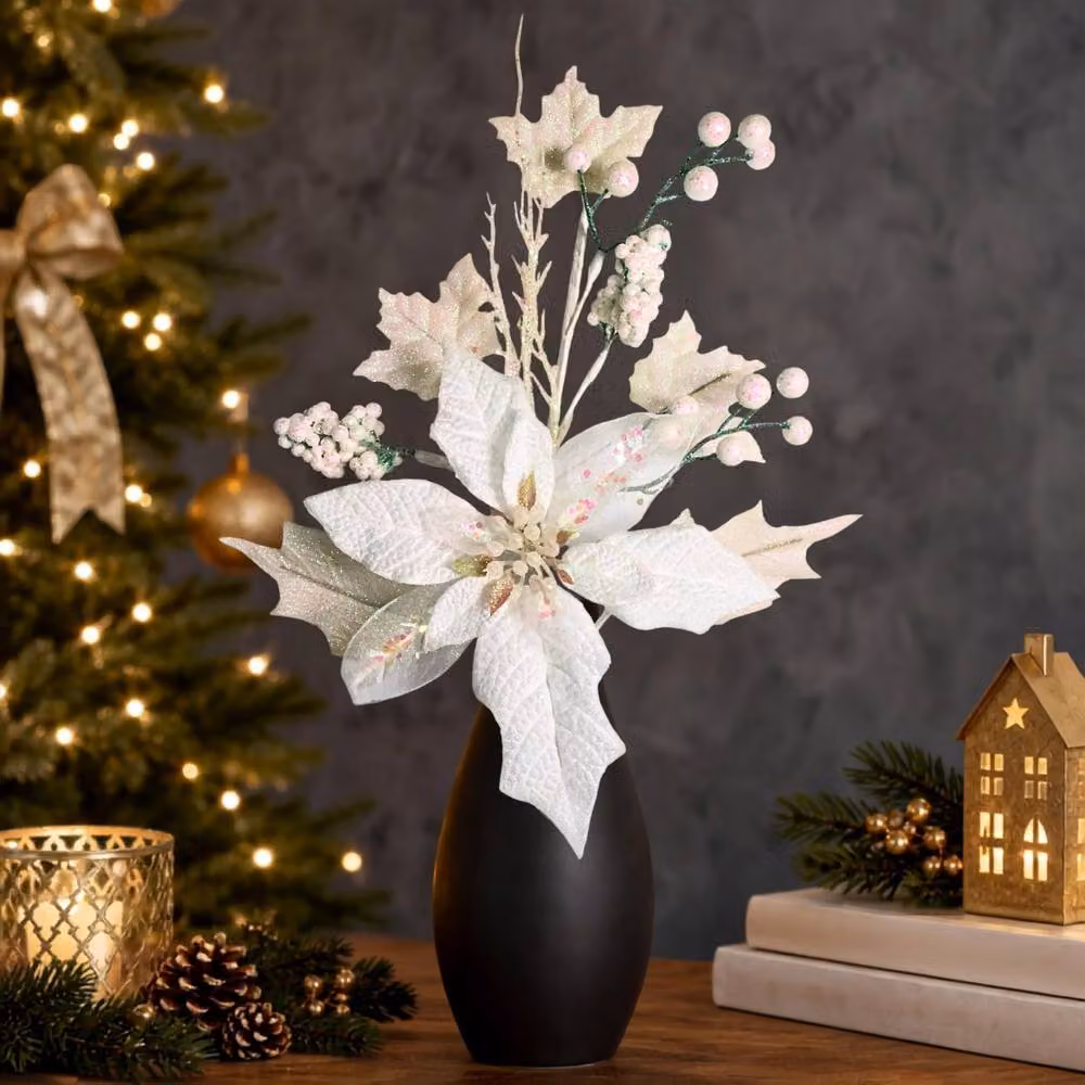 Shatchi Iridescent White Glitter Poinsettia and Berry Christmas Picks, 6 Pack, Height: 46 cm – 2