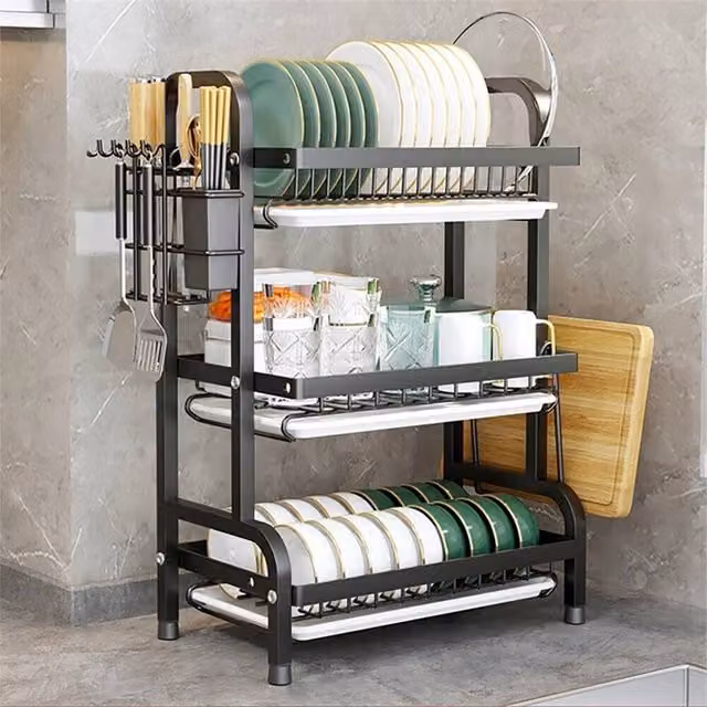 VOGREX 3 Tier Kitchen Sink Dish Rack with Drip Tray and Cutlery Holder in Black – 1