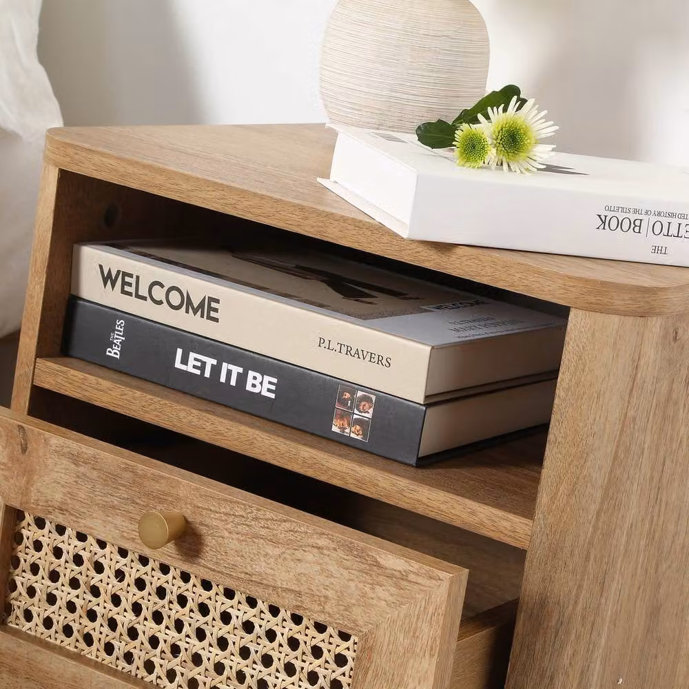 CALICOSY Bedside Table with Rattan Front and 1 Drawer in Light Brown, Width: 39 cm – 5