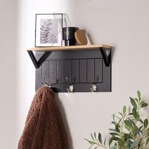 OHS Modern Wall-Mounted Coat Rack and Floating Shelf in Black and Brown Wood Effect – 1