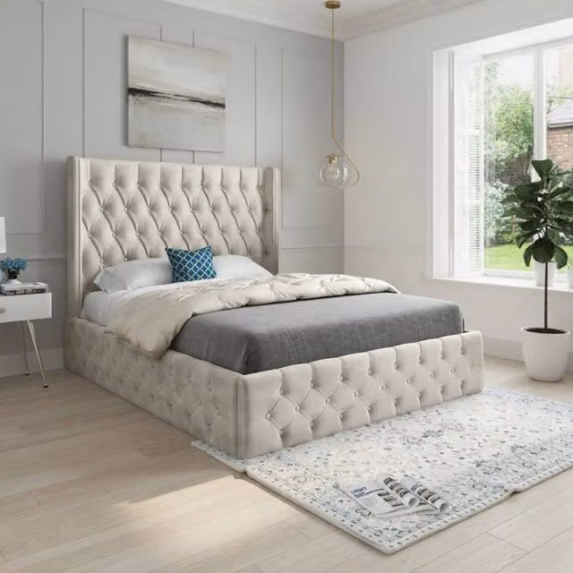 KDMD Vange Winged Upholstered Designer Bed Frame in Beige Velvet, Size: 120 x 200 cm – 1