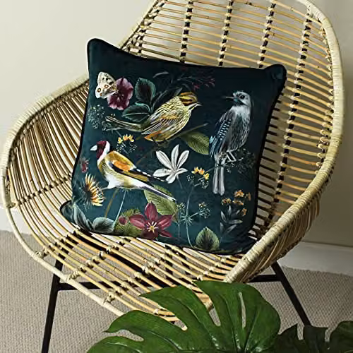 Evans Lichfield Midnight Garden Birds Printed Velvet Cushion in Blue and Green, 43 x 43 cm – 5