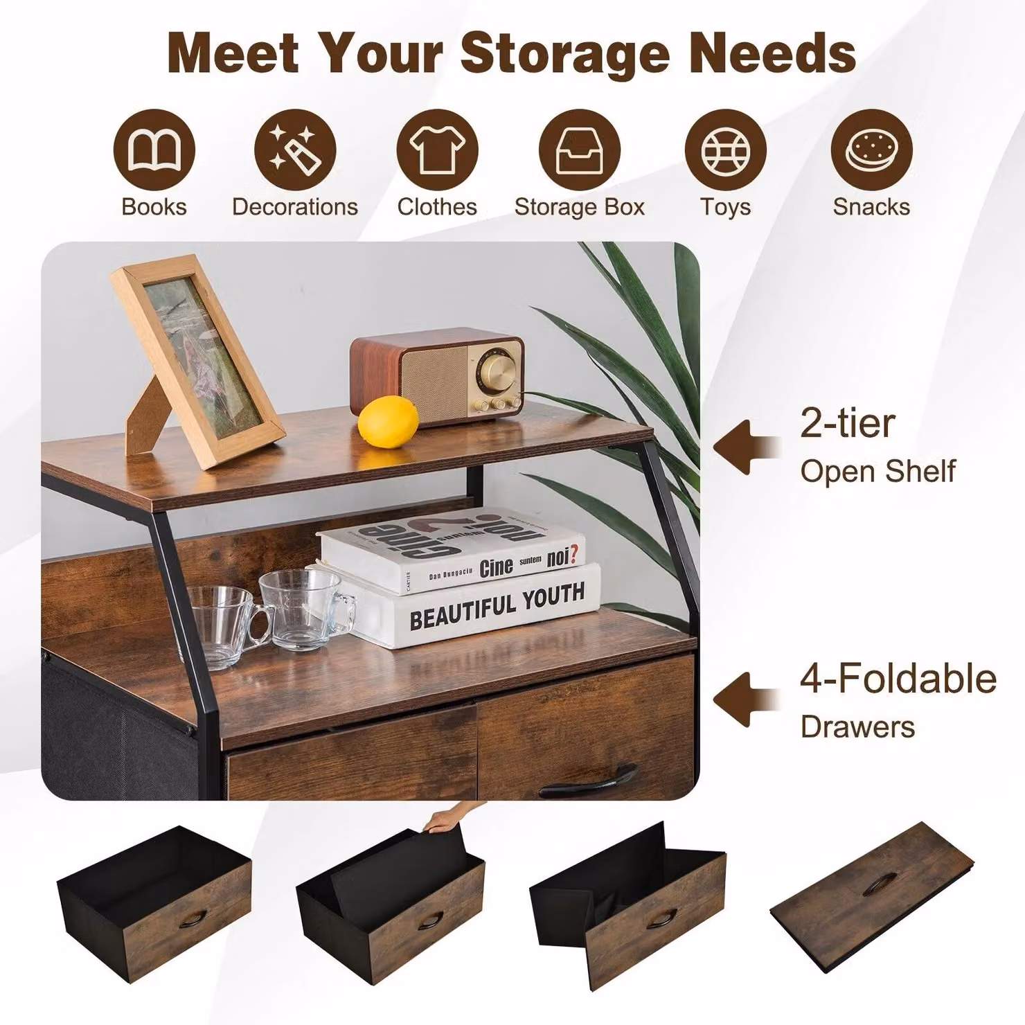Gymax Industrial Freestanding Dresser with 4 Drawers and Top Shelf in Brown – 7