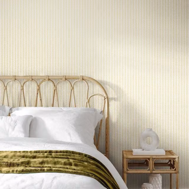 Hoopla Walls Botanical Floral Ditsy Leaf Stripe Wallpaper in Yellow and Beige