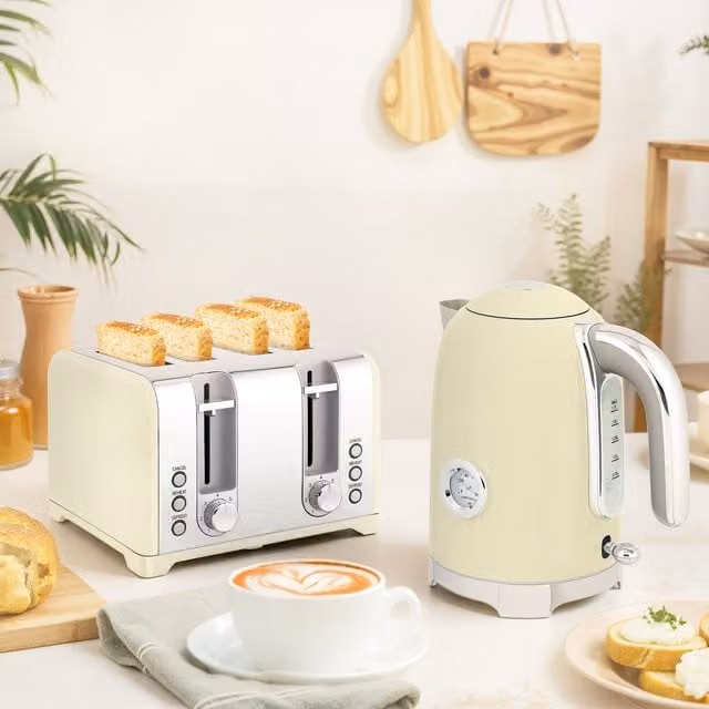 HOMCOM Retro Kettle and Toaster Set in Cream and Beige with Silver Metal Accents
