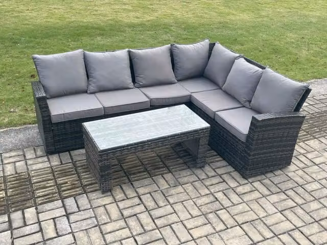 Fimous 6 Seat Rattan Garden Furniture Corner Sofa and Table Set with Cushions in Dark Grey Mixed