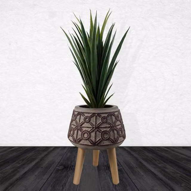 Leaf Embossed Large Round Planter in Brown Rope Fibreglass Composite