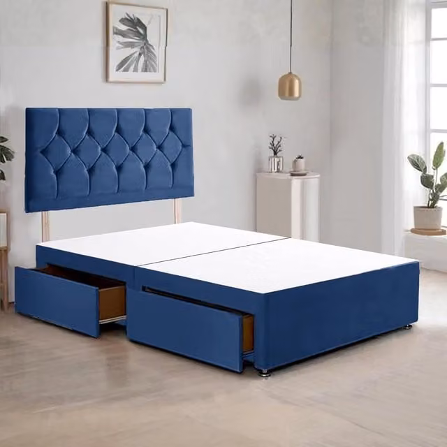 Bed Time UK Ziggy Plush Velvet Divan Bed Frame with 2 Drawers and 20 inch Headboard in Blue, Size: King (180 x 200 cm) – 1