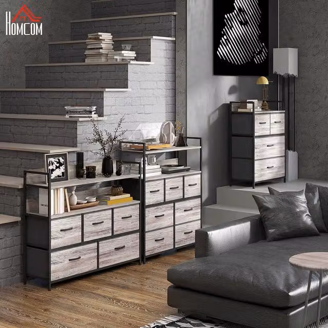 HOMCOM Minimalist Grey Wood Effect Chest of Drawers with Open Shelves and Metal Accents