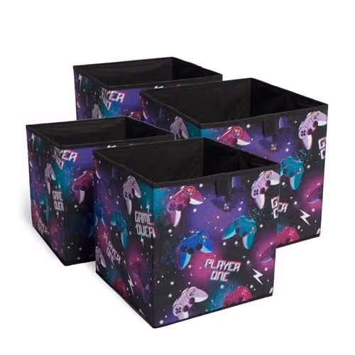 OHS Set of 4 Fabric Collapsible Storage Boxes in Black and Multicolour, W/D/H: 27.0 x 27.0 x 27.0 cm