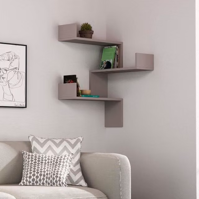 Decortie Luksa Wall Mounted Corner Zigzag Bookcase Shelf in Grey, W/D/H: 60 x 30 x 90 cm – 1