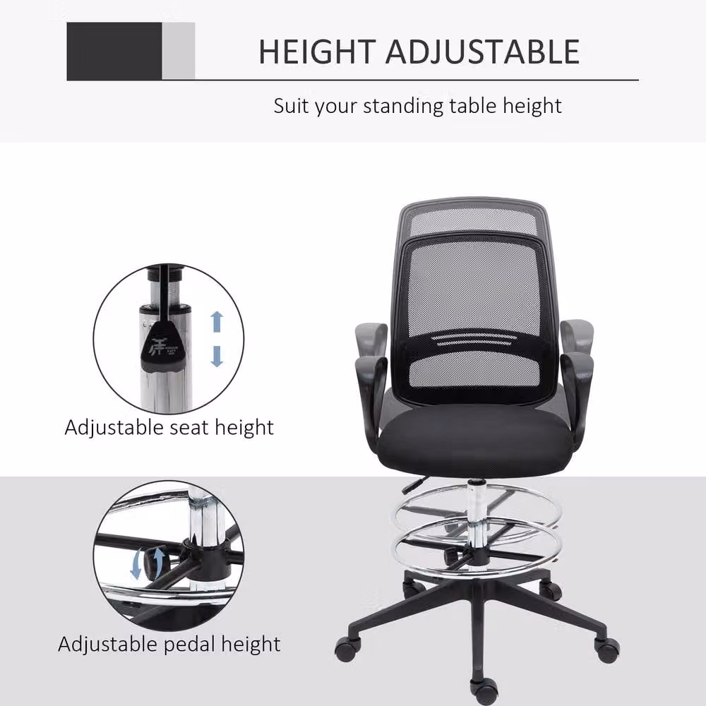 ERGOVEXA Black Fabric Drafting Chair with Foot Ring, Armrests and Swivel Castors, H 120 x W 66 x D 68 cm – 1