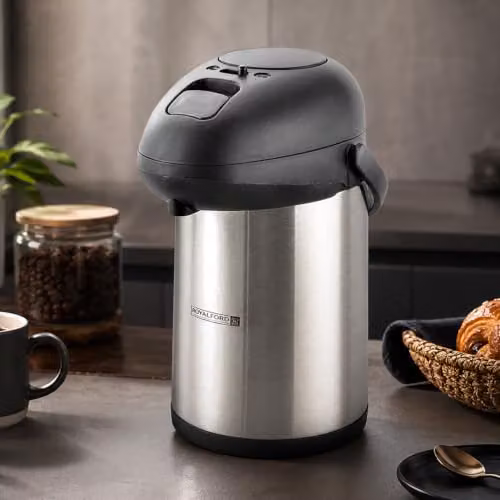 Royalford Silver Stainless Steel Vacuum Insulated Airpot Coffee and Tea Dispenser with Pump and Safety Lock, 4L – 2
