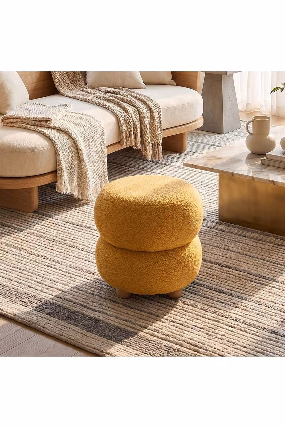 Living and Home Round Yellow Teddy Fleece and Bouclé Upholstered Footstool – 2