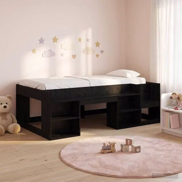 Berkfield Home Kids Bed Frame with Side Compartments and Bedside Shelf in Black Oak, W/D/H: 90 x 200 cm – 1