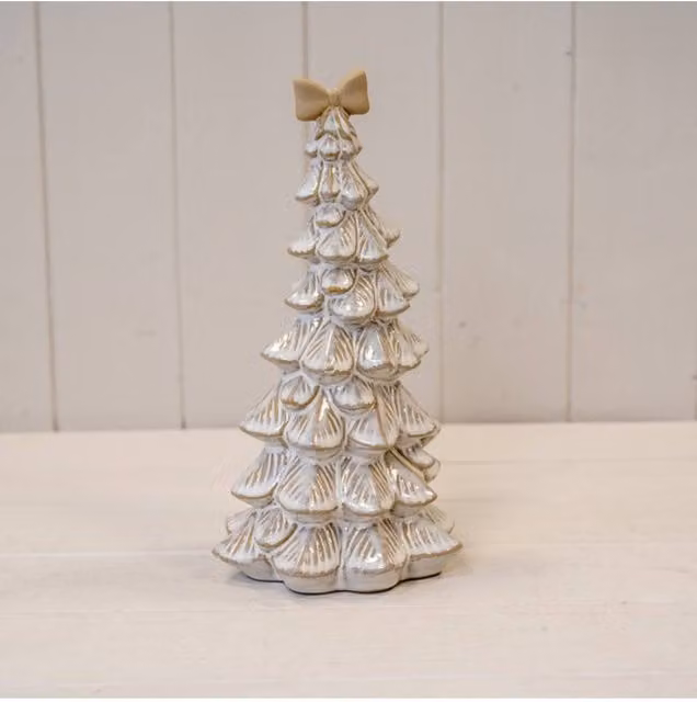 KDMD Large Stone Glazed Ceramic Bendy Christmas Tree with Cream Bow in White and Beige