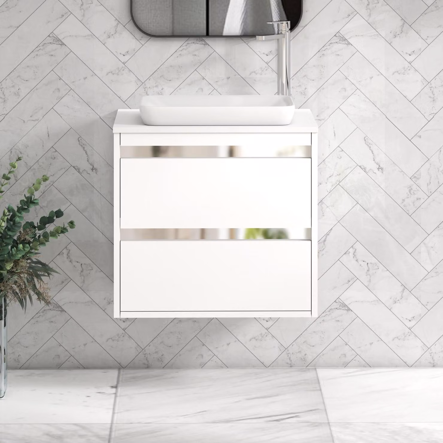 Royal Bathrooms Orion 600mm Matt White Wall Hung 2 Drawer Vanity Unit with Qubix Basin and Chrome Accent Trim