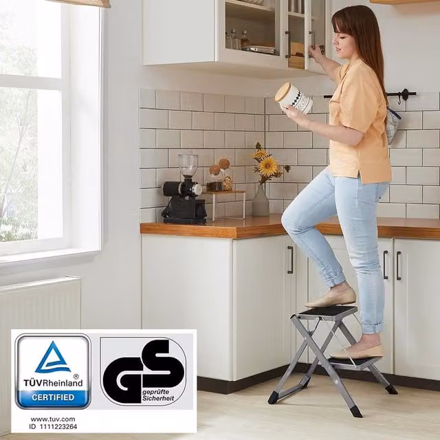 SONGMICS Heavy Duty 2-Step Folding Steel Step Ladder in Grey with Handle and Rubber Feet