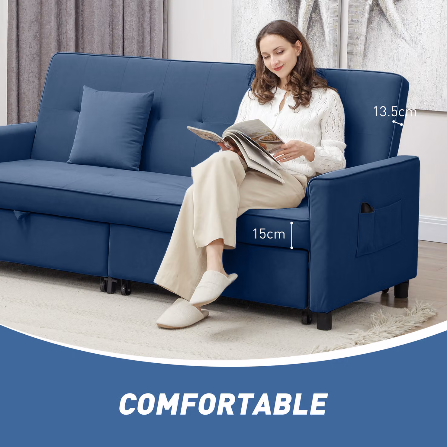 HOMCOM Three-Person Blue Velvet Click-Clack Sofa Bed with Solid Wood Frame and Scatter Cushions – 7